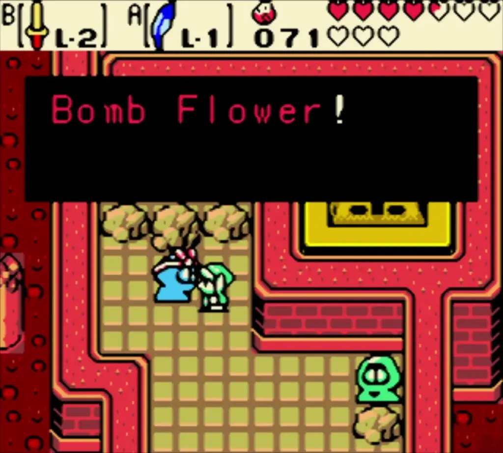 Link beside a Subrosian smith in the Smithy, text box names the Bomb Flower Link beside a Subrosian smith in the Smithy, text box names the Bomb Flower
