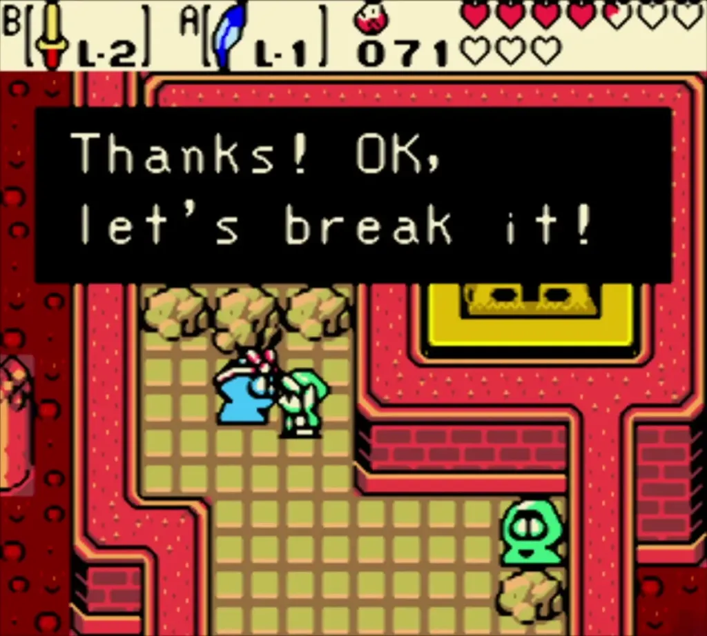 Subrosian smith beside the Smithy, text box says let us break it Subrosian smith beside the Smithy, text box says let us break it
