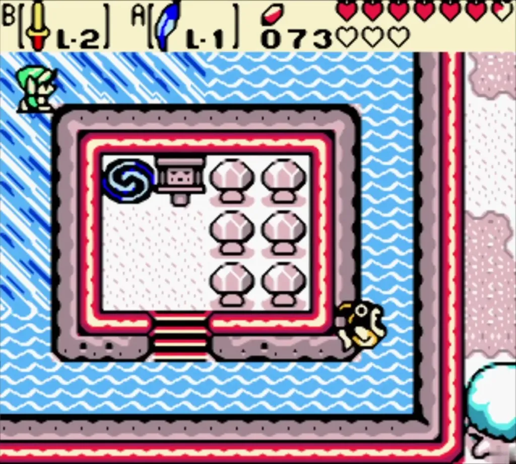 Link on the icy water beside the portal room on the winter lake island Link on the icy water beside the portal room on the winter lake island
