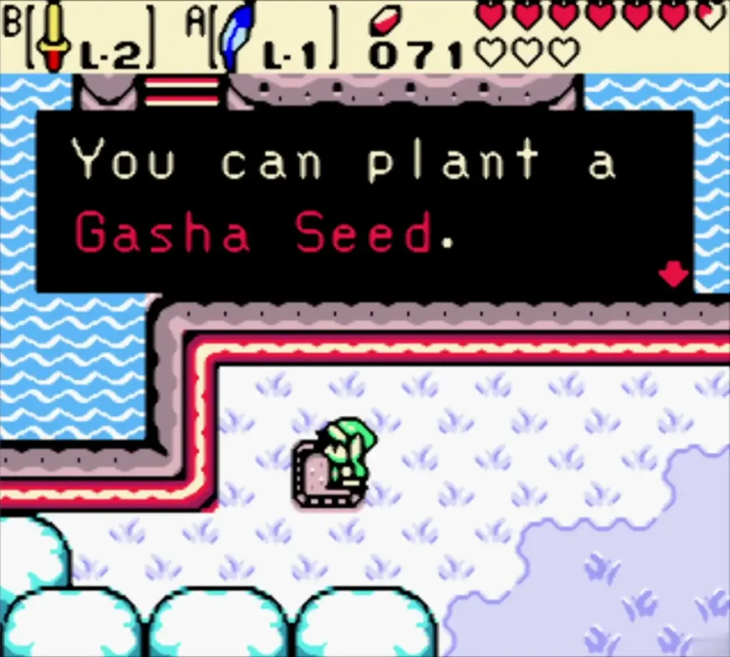 Link on the winter lakeshore, text box says he can plant a Gasha Seed Link on the winter lakeshore, text box says he can plant a Gasha Seed
