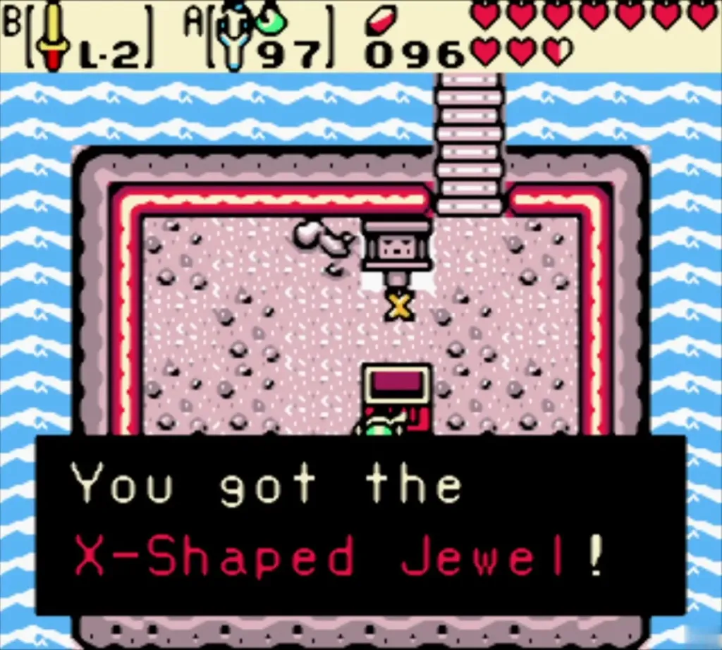 Text box says Link got the X-Shaped Jewel in the island chest room Text box says Link got the X-Shaped Jewel in the island chest room