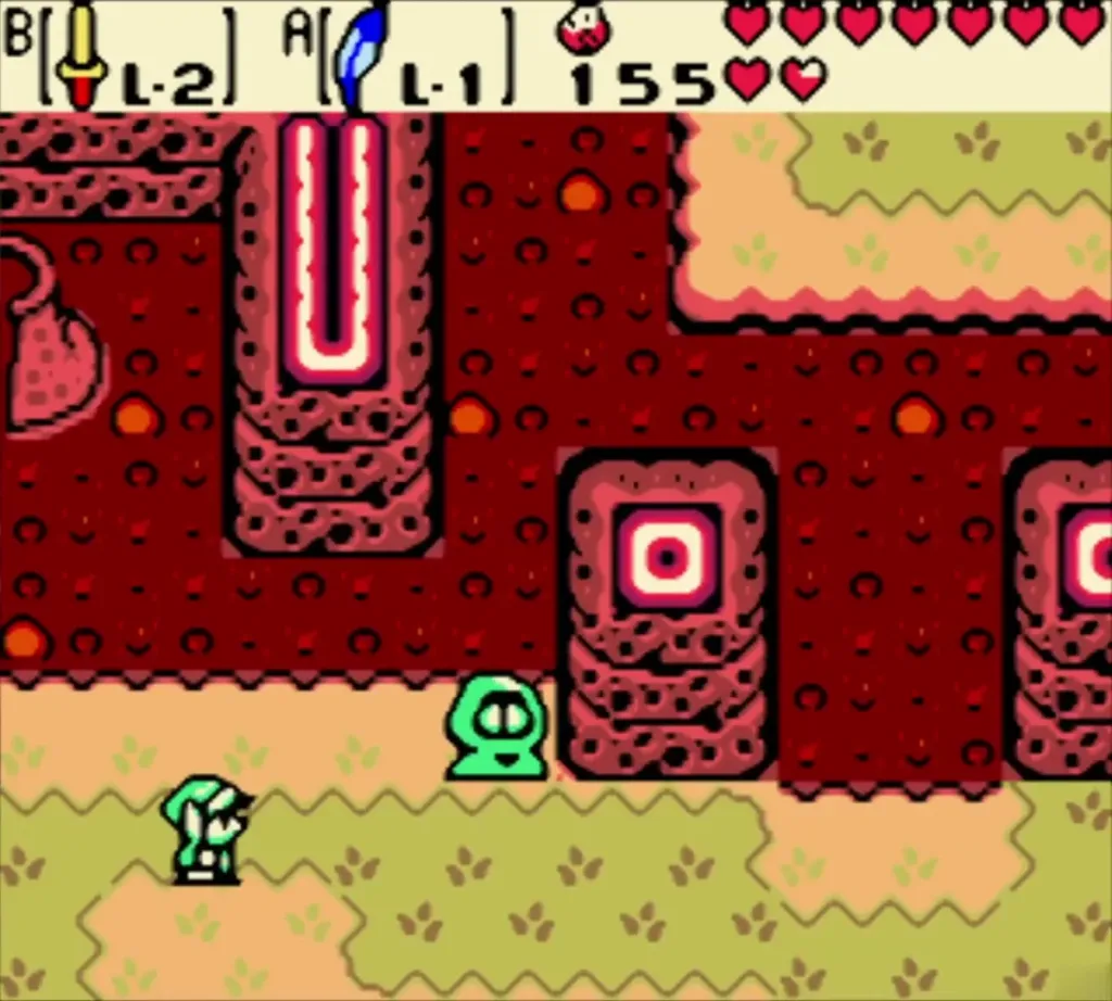 Link walking along the ledge toward a green Subrosian beside lava pillars Link walking along the ledge toward a green Subrosian beside lava pillars