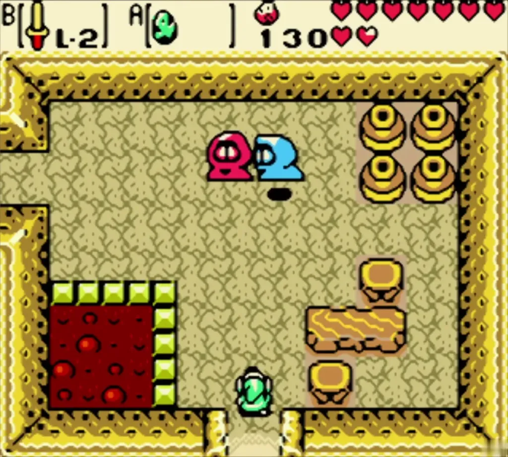 Link entering the yellow-brick house where the two Subrosian brothers stand Link entering the yellow-brick house where the two Subrosian brothers stand