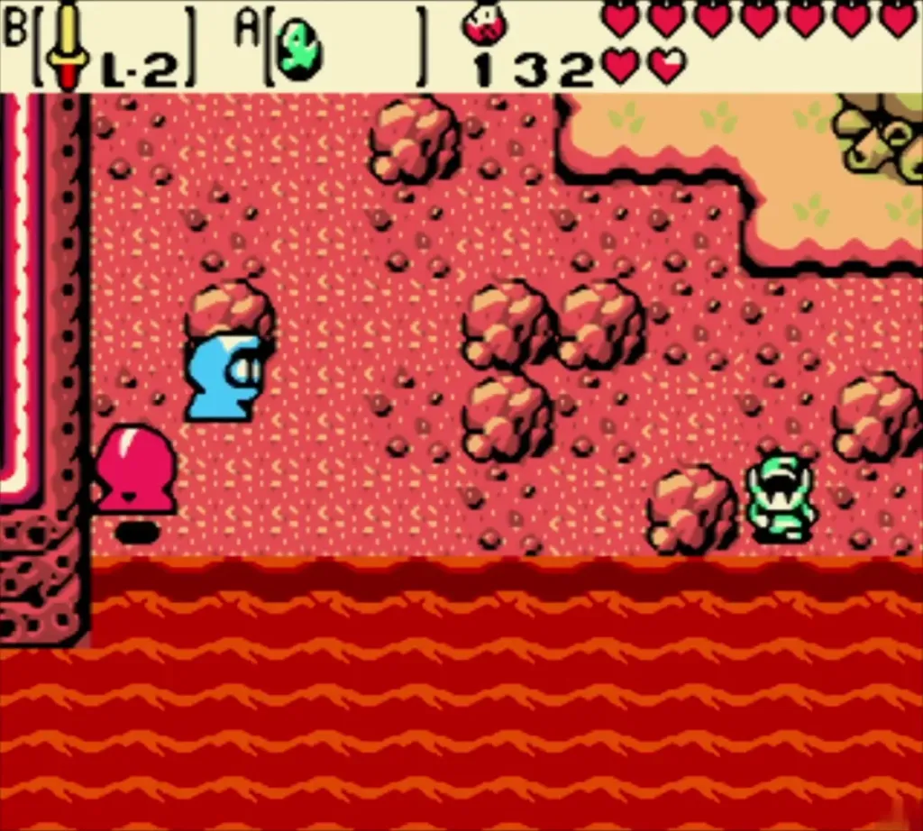 Link tailing the thieves across a rocky patch beside a lava river Link tailing the thieves across a rocky patch beside a lava river