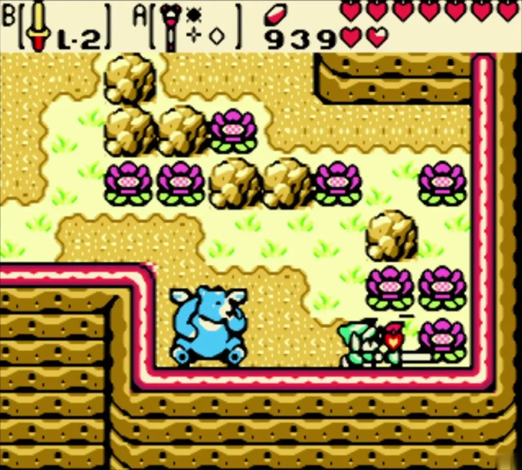 Link slashing through the rock flowers with his sword near Moosh Link slashing through the rock flowers with his sword near Moosh