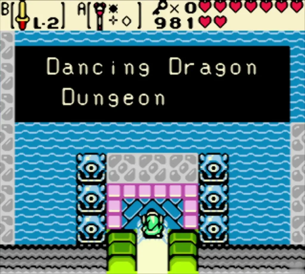 Link at the entrance of the Dancing Dragon Dungeon with its name shown Link at the entrance of the Dancing Dragon Dungeon with its name shown