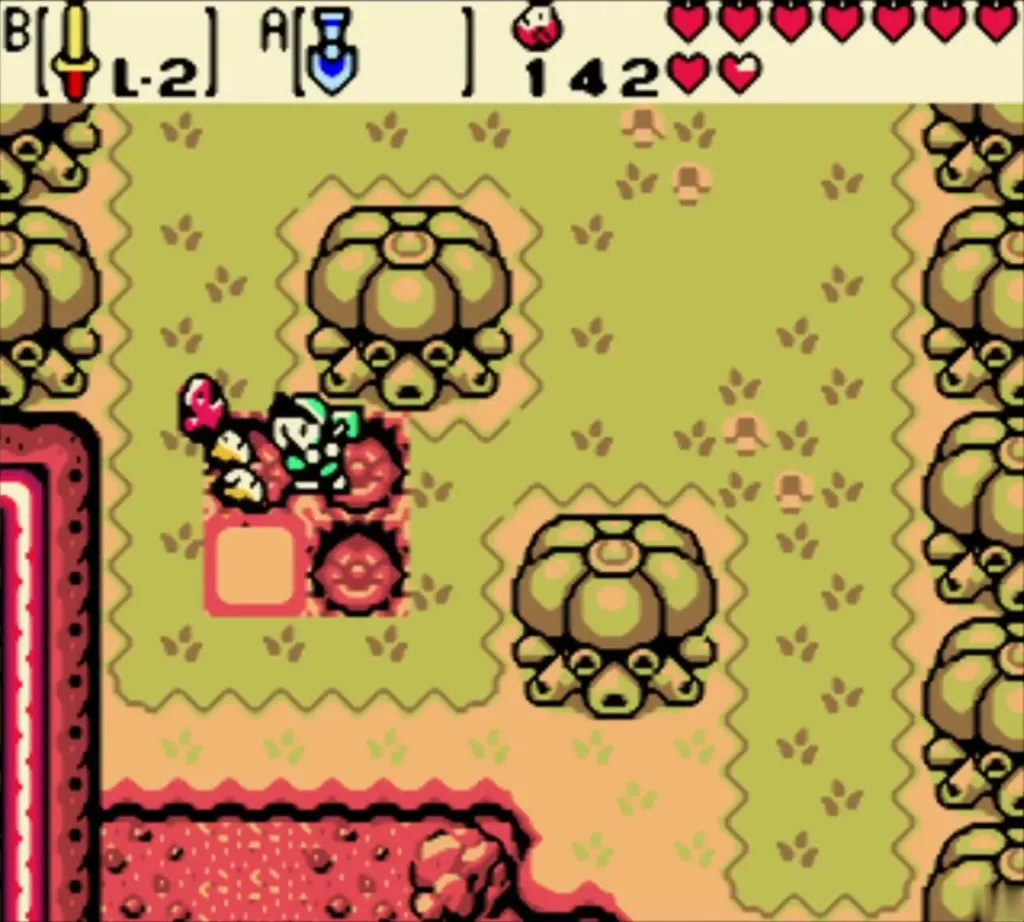 Link digging in the soft soil beside the marker tile with the Shovel as Ore Chunks pop out Link digging in the soft soil beside the marker tile with the Shovel as Ore Chunks pop out