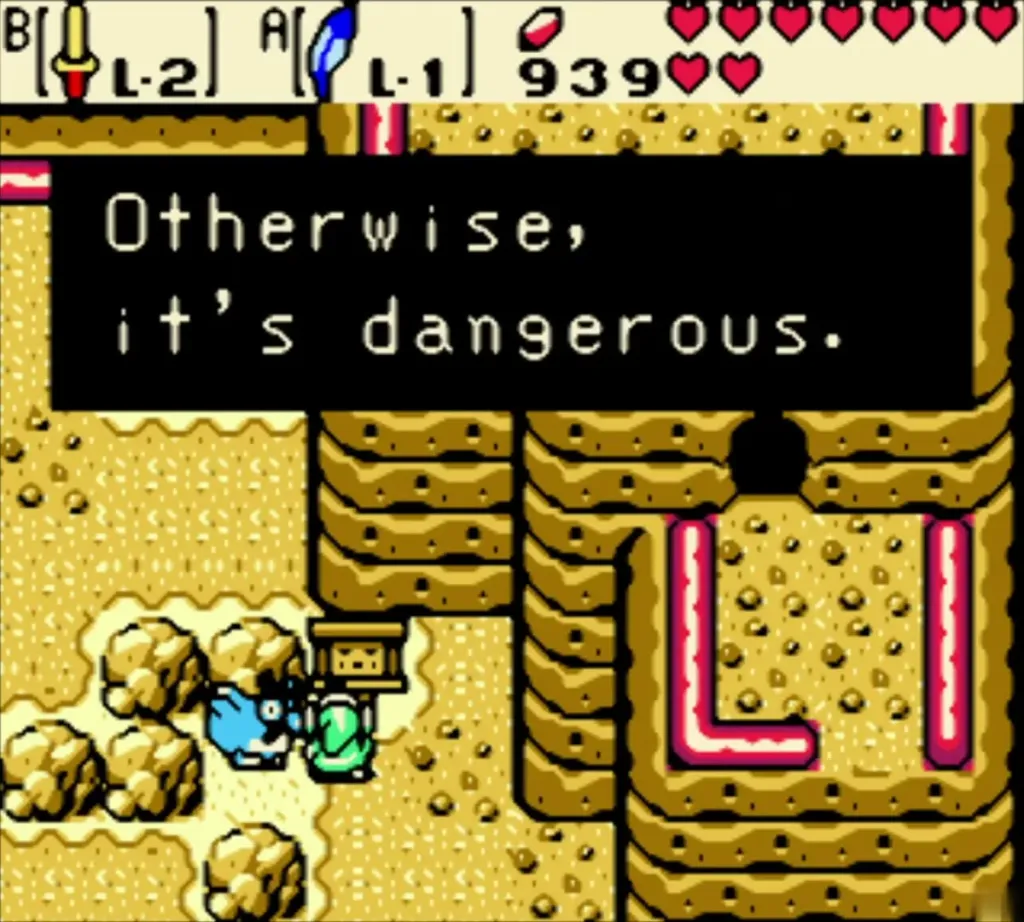 Link beside the signpost that reads Flaps when held with a blue rooster Link beside the signpost that reads Flaps when held with a blue rooster
