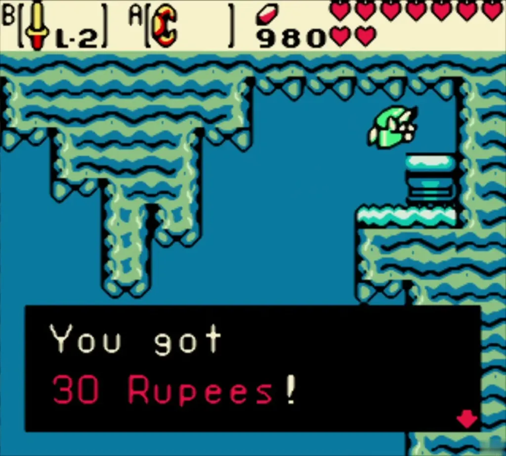 Link receiving 30 Rupees from the pedestal with the item message shown Link receiving 30 Rupees from the pedestal with the item message shown