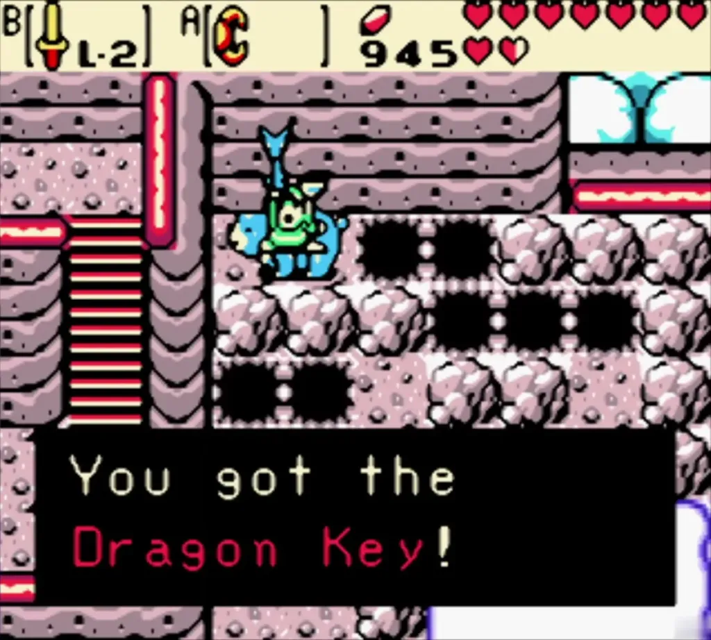 Link on Moosh holding up the Dragon Key with the item message shown Link on Moosh holding up the Dragon Key with the item message shown
