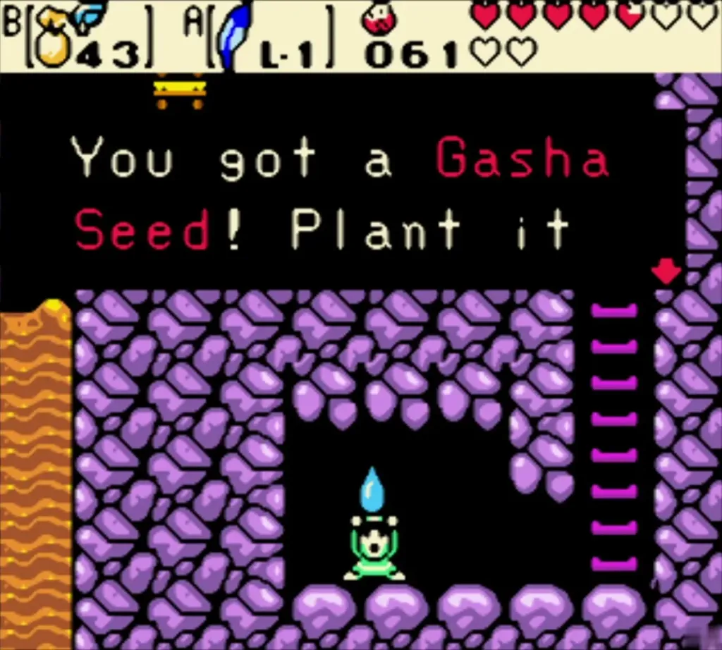 Link holding up a Gasha Seed in the lower cave chamber with the item message shown Link holding up a Gasha Seed in the lower cave chamber with the item message shown
