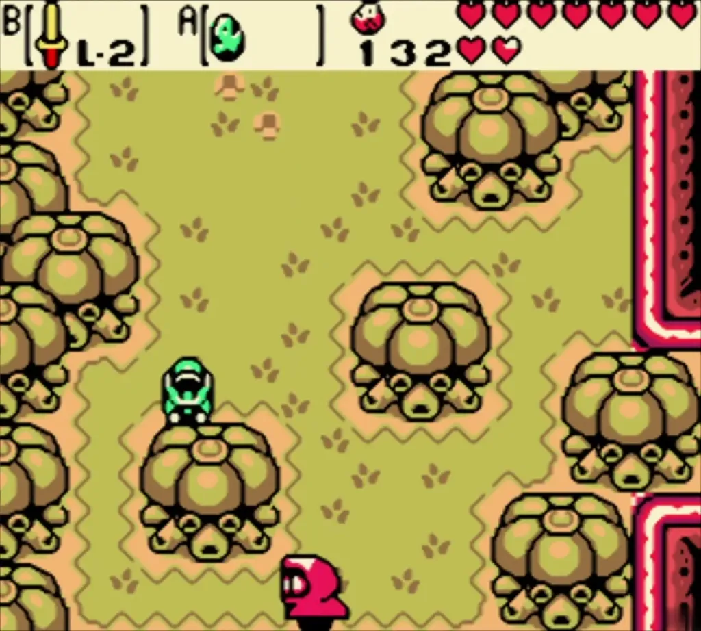 Link standing at a tree cluster while a red thief walks ahead Link standing at a tree cluster while a red thief walks ahead
