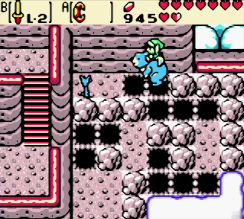 Link on Moosh floating toward the far side of the pit room Link on Moosh floating toward the far side of the pit room