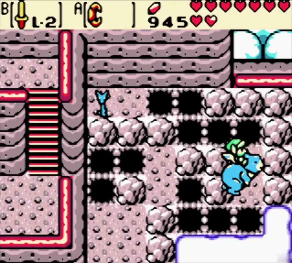 Link hovering on Moosh across the pits of the pink rock room Link hovering on Moosh across the pits of the pink rock room