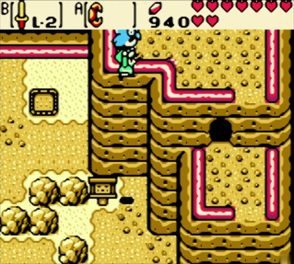 Link floating onto the ledge above the cliff holding the rooster Link floating onto the ledge above the cliff holding the rooster