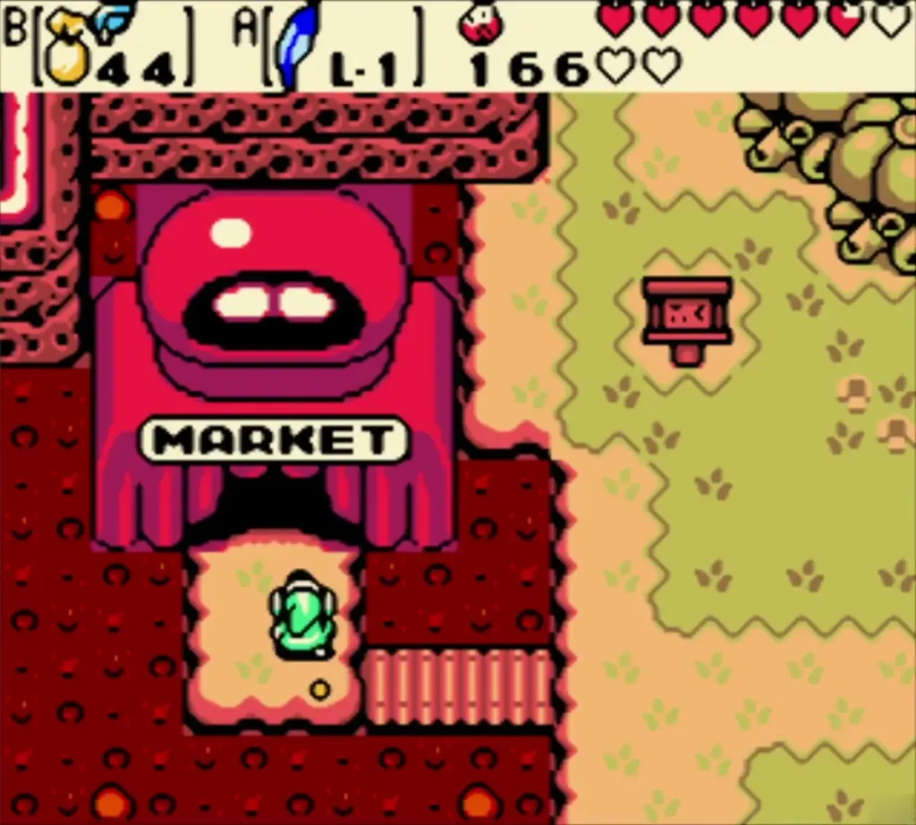 Link at the entrance of the red Market tent on the lava Link at the entrance of the red Market tent on the lava