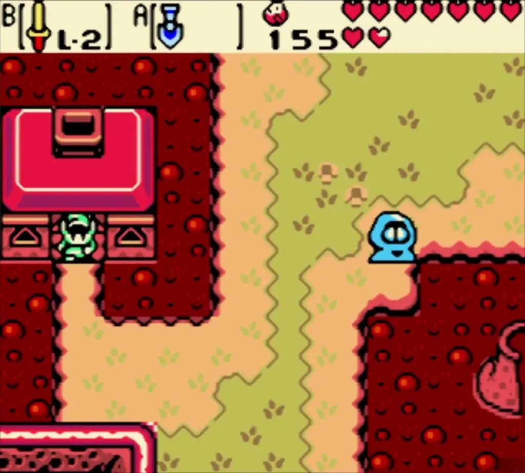 Link stepping out of the red house on the lava ledge near the blue Subrosian Link stepping out of the red house on the lava ledge near the blue Subrosian