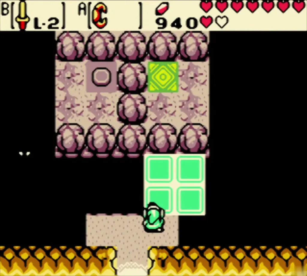 Link entering the dark cave and stepping onto the green floating pad blocks Link entering the dark cave and stepping onto the green floating pad blocks