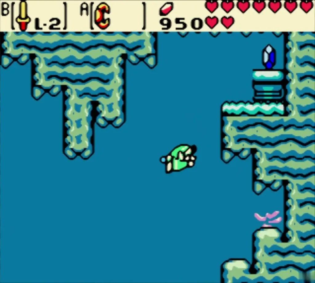 Link swimming toward the pedestal holding a blue Rupee Link swimming toward the pedestal holding a blue Rupee