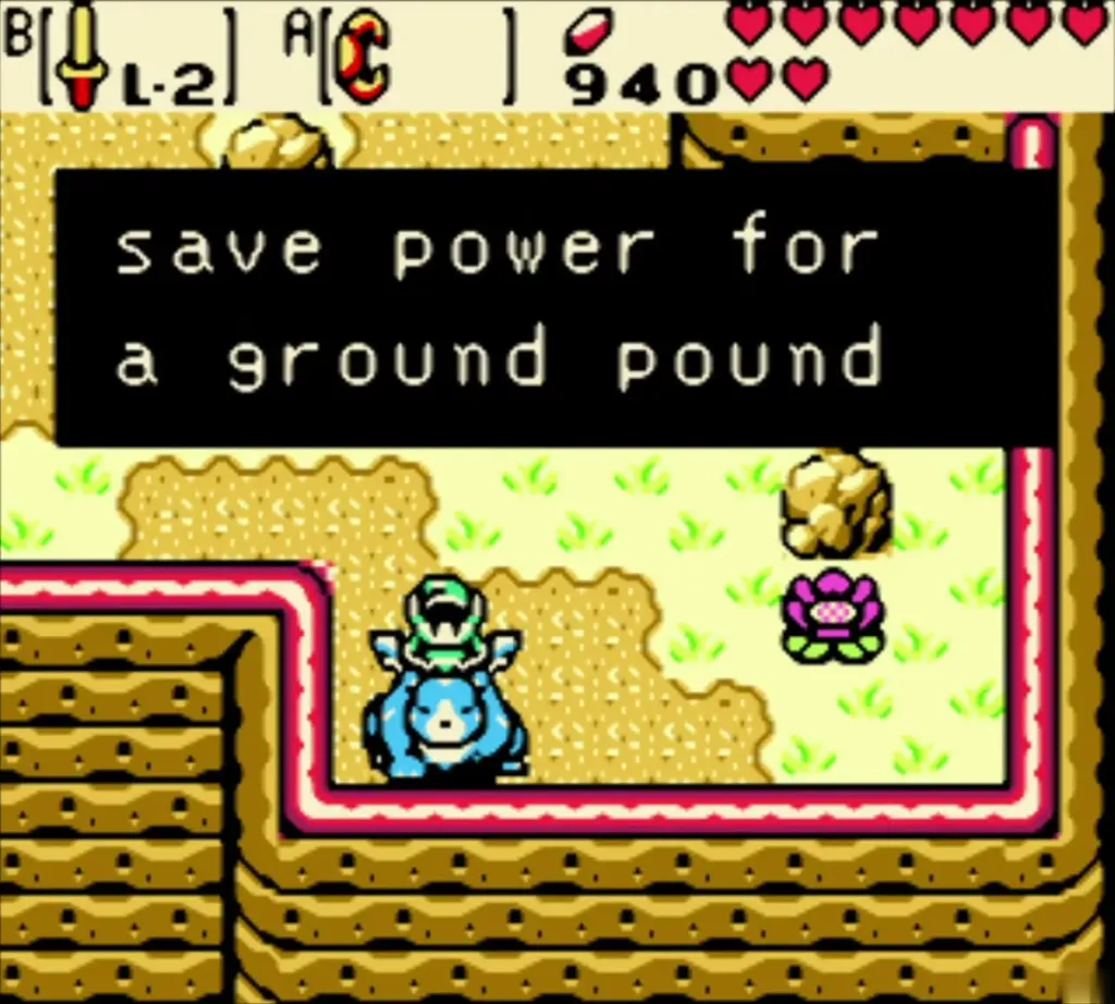 Link riding Moosh on the ledge as Moosh explains how to hover Link riding Moosh on the ledge as Moosh explains how to hover