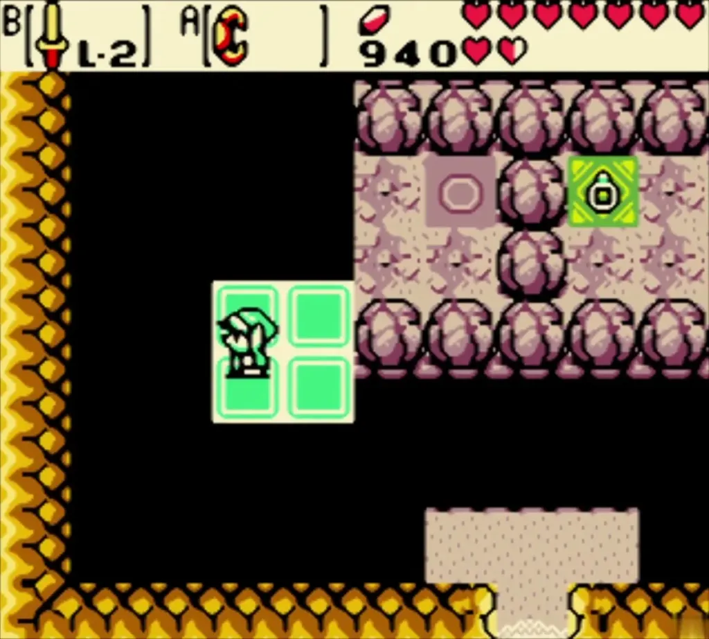 Link riding the green pad blocks toward the stone island with the green switch Link riding the green pad blocks toward the stone island with the green switch