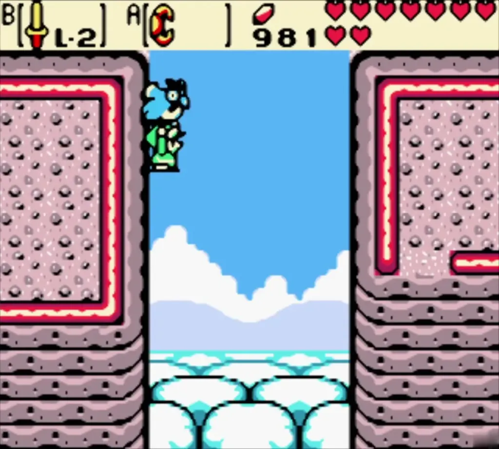 Link floating across the gap holding the blue rooster Link floating across the gap holding the blue rooster