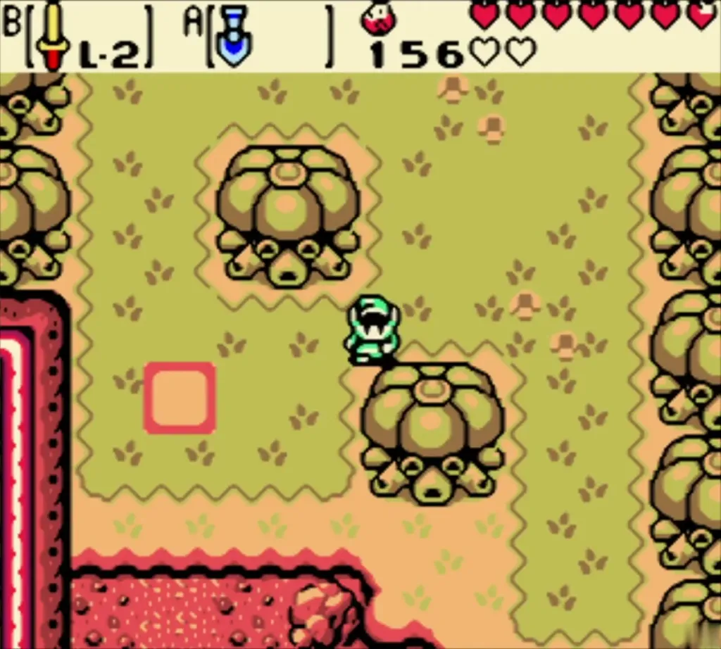 Link walking up to the orange marker tile where the thieves buried the treasure Link walking up to the orange marker tile where the thieves buried the treasure