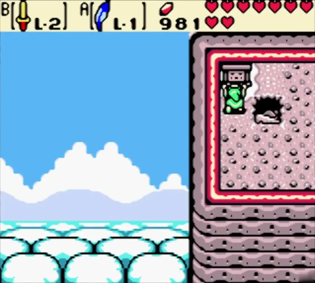 Link on the pink sky ledge beside the Flaps when held signpost Link on the pink sky ledge beside the Flaps when held signpost