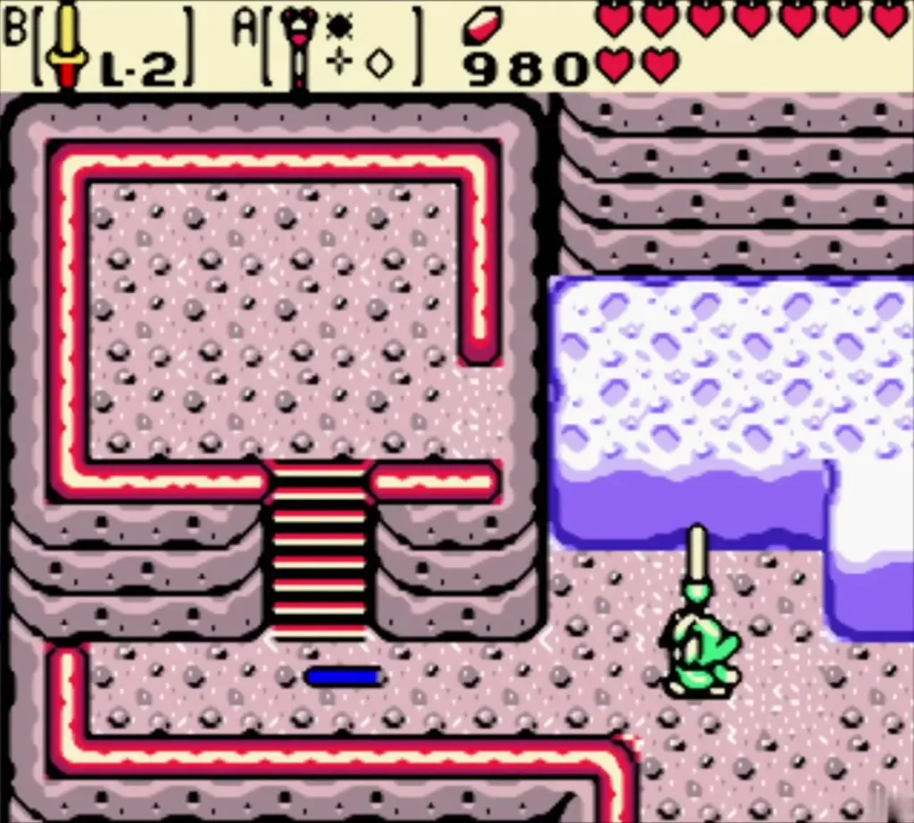 Link walking past the snow bank toward the cliff cave in winter Link walking past the snow bank toward the cliff cave in winter