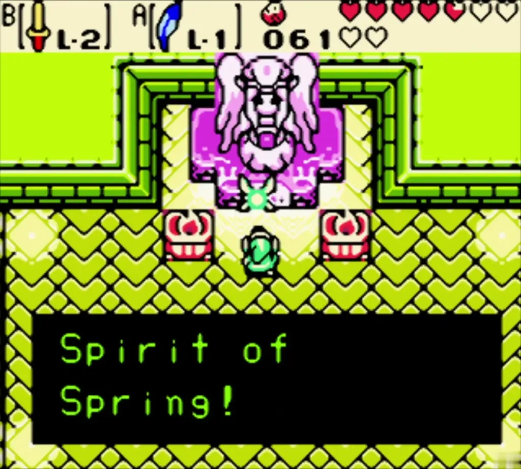 Link before the pink statue as the Spirit of Spring introduces itself Link before the pink statue as the Spirit of Spring introduces itself