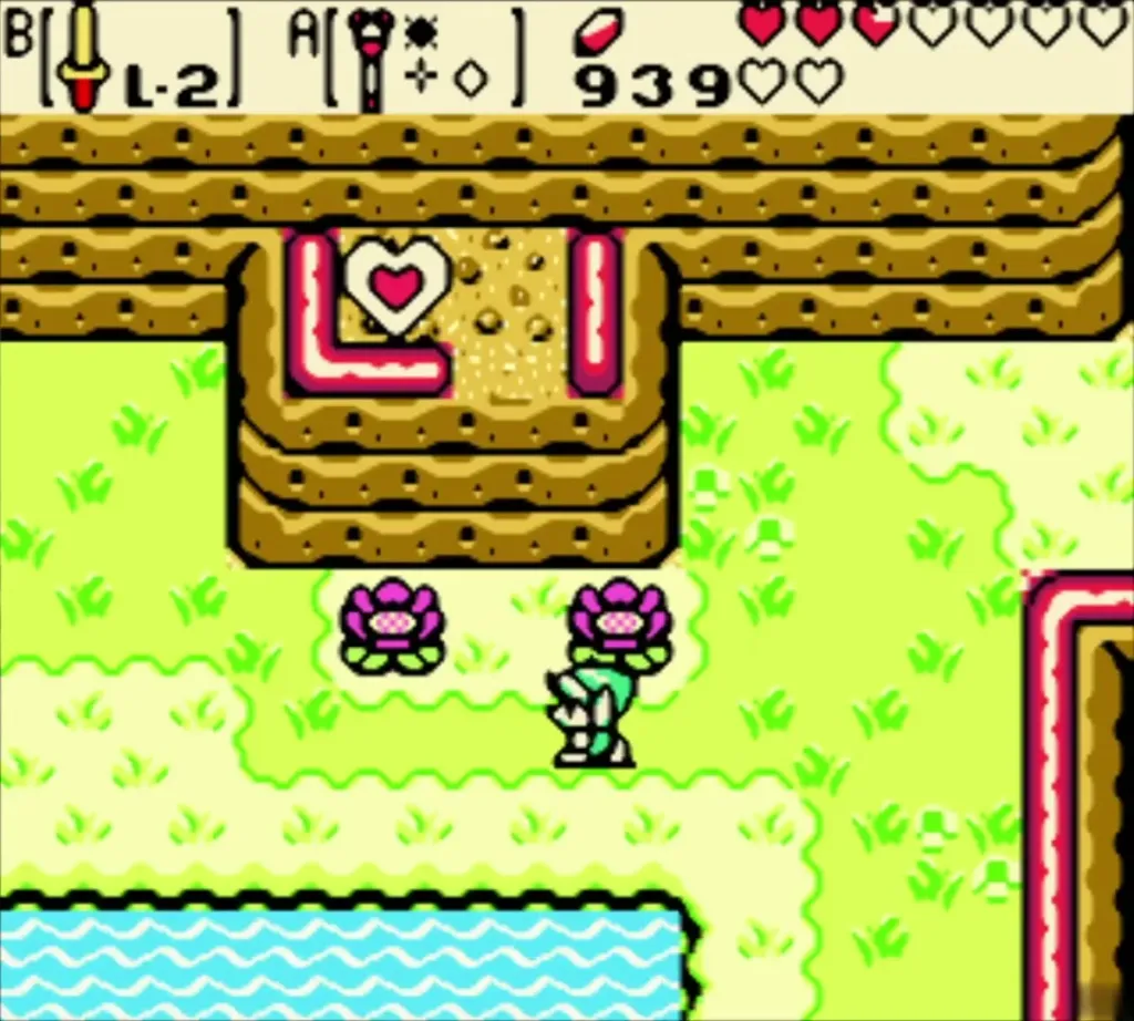 The spring-green cliff below showing a Piece of Heart on a ledge The spring-green cliff below showing a Piece of Heart on a ledge
