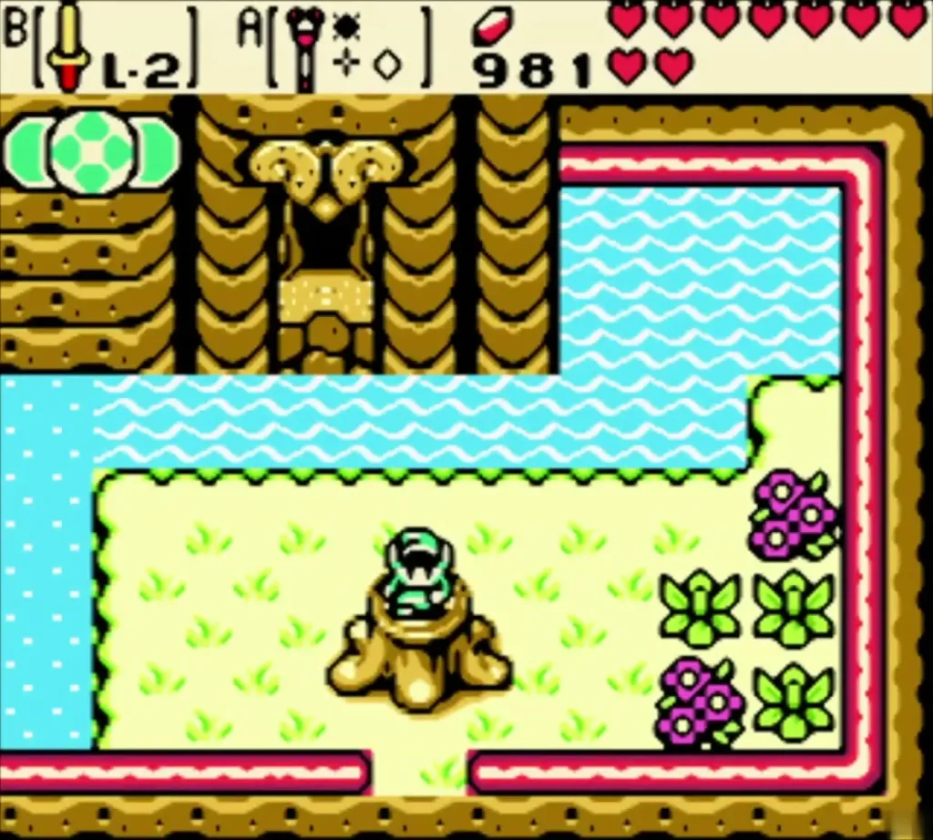 Link on the stump using the Rod of Seasons as the field turns to summer Link on the stump using the Rod of Seasons as the field turns to summer