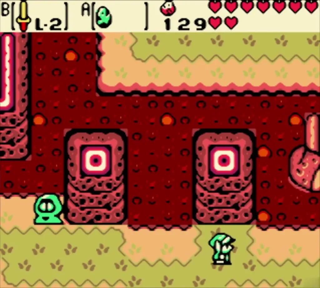 A green Subrosian near lava pits as Link walks the lava path A green Subrosian near lava pits as Link walks the lava path