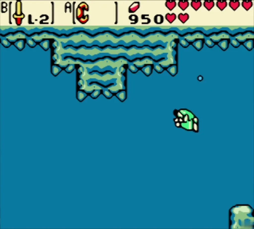 Link swimming through the underwater cave below the waterfall Link swimming through the underwater cave below the waterfall