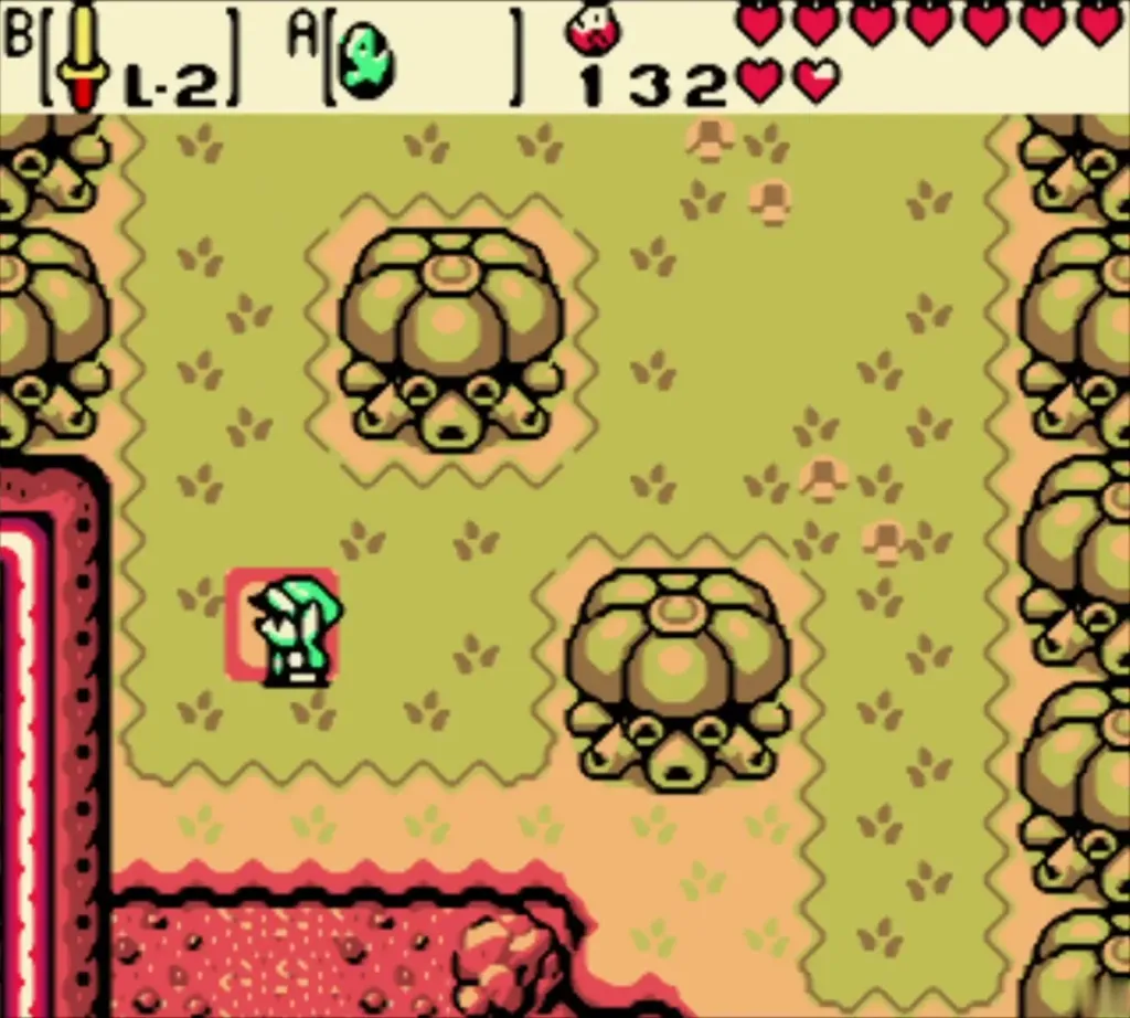 Link standing on the orange marker tile where the thieves buried the Feather Link standing on the orange marker tile where the thieves buried the Feather