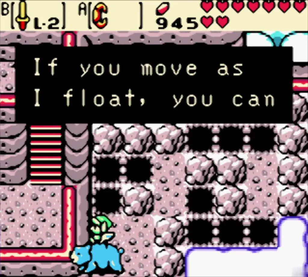 Link on Moosh in the snowy pit room as Moosh explains how to move while floating Link on Moosh in the snowy pit room as Moosh explains how to move while floating
