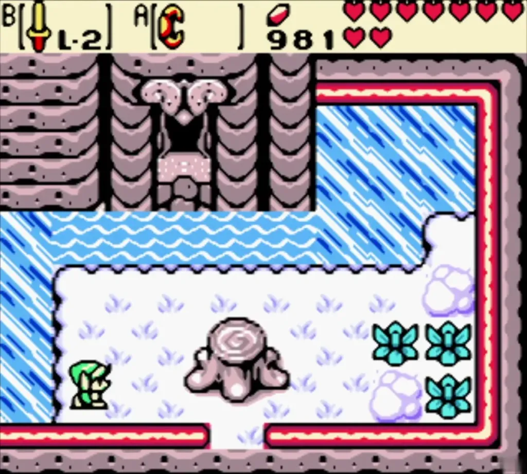 Link in the snowy winter field beside the stump below the Dancing Dragon cliff Link in the snowy winter field beside the stump below the Dancing Dragon cliff