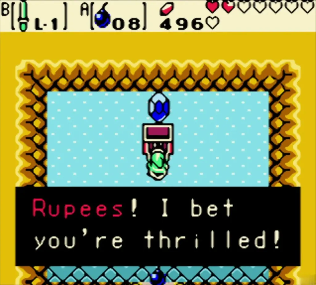 Link holding up 100 Rupees with the item text box shown, 496 Rupees Link holding up 100 Rupees with the item text box shown, 496 Rupees