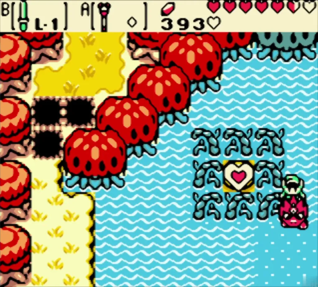 Link on Dimitri beside a heart piece floating in the swamp lake Link on Dimitri beside a heart piece floating in the swamp lake