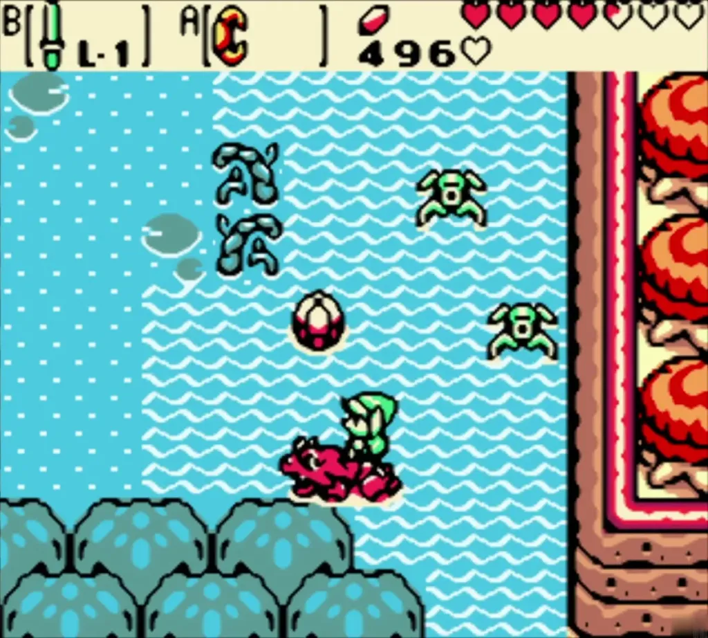 Link on Dimitri swimming past the cliff with a floating rock Link on Dimitri swimming past the cliff with a floating rock