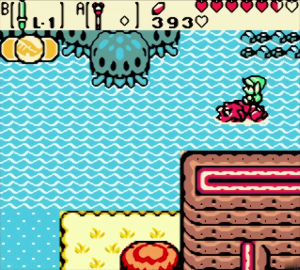 Link riding Dimitri across the swamp lake beside the cliff Link riding Dimitri across the swamp lake beside the cliff