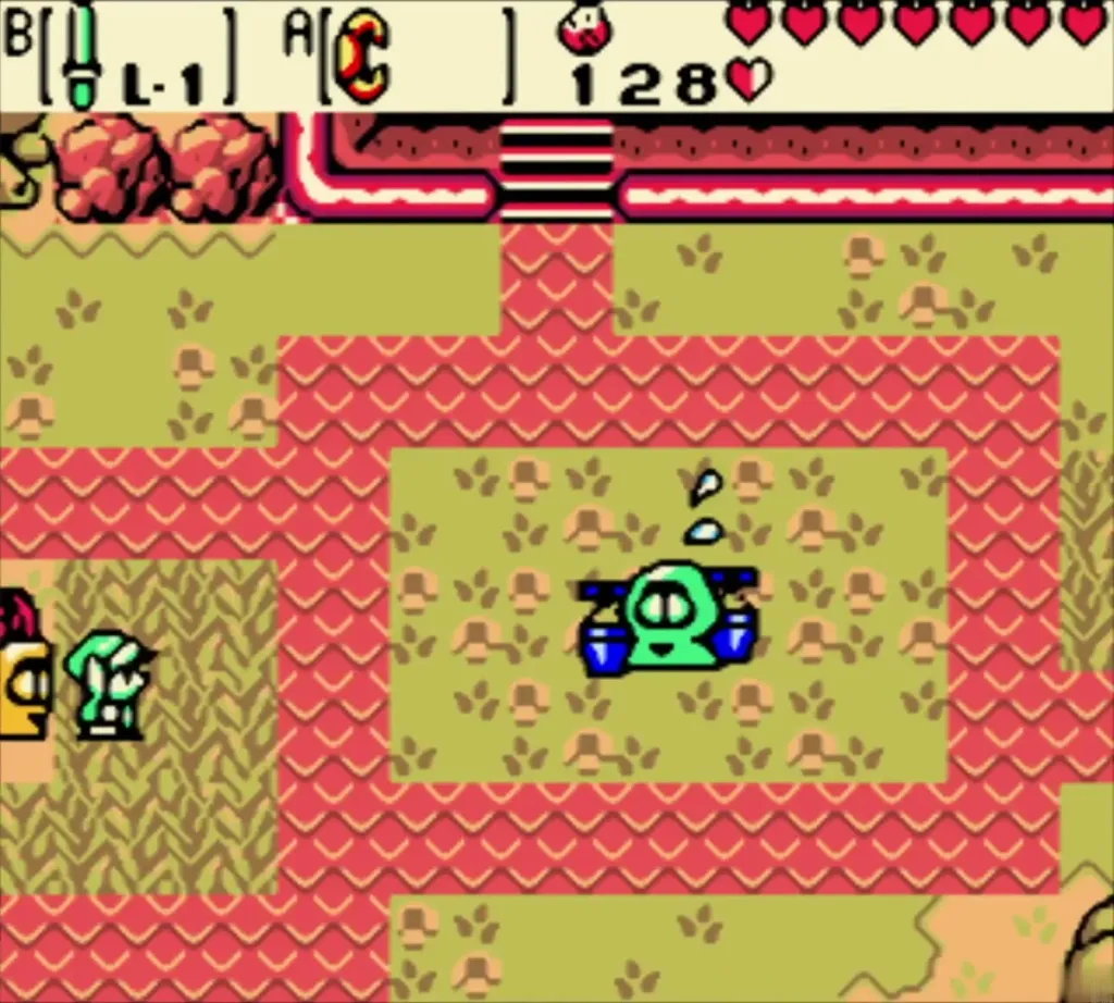 Link and Rosa following the path past a flying Subrosian Link and Rosa following the path past a flying Subrosian