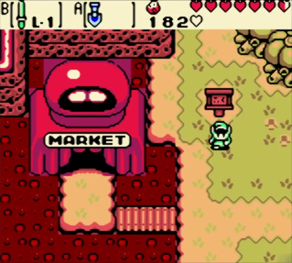 Link walking up to the red Market building on the lava Link walking up to the red Market building on the lava