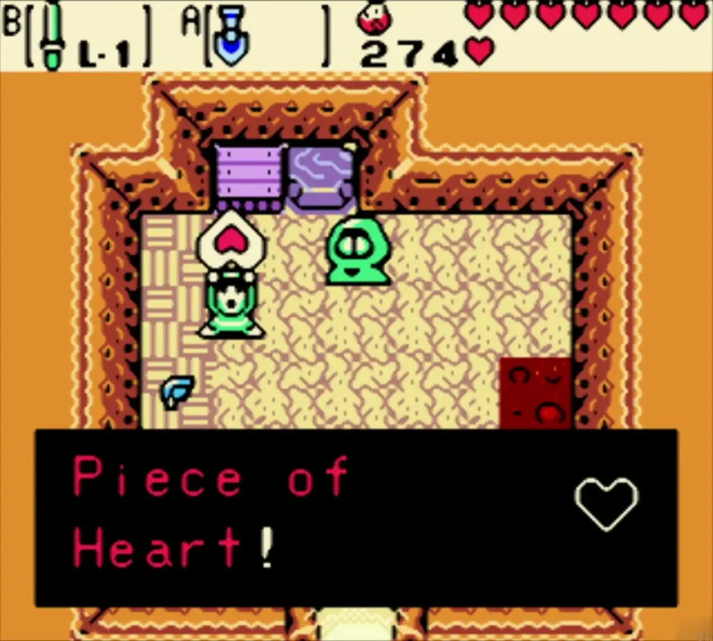 Link holding up a Piece of Heart with the item text box shown Link holding up a Piece of Heart with the item text box shown