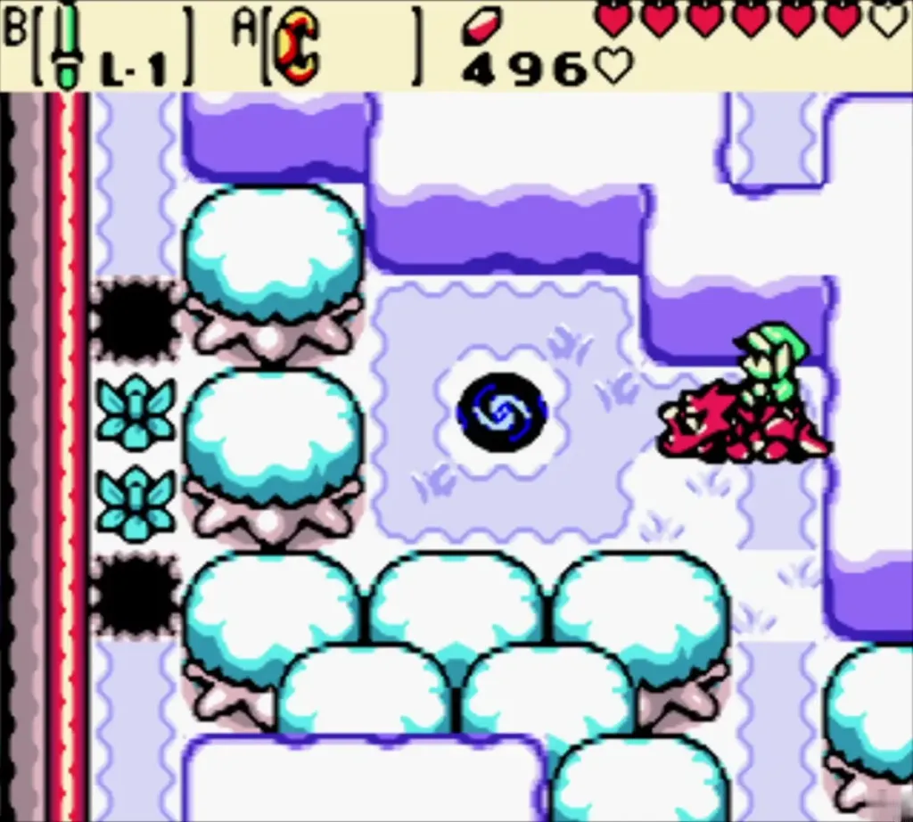 The swirling blue portal in a snowy clearing with Link approaching The swirling blue portal in a snowy clearing with Link approaching