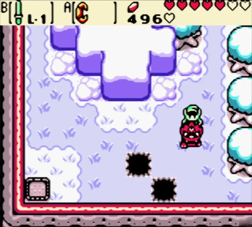 Link on Dimitri in the snowy southwest corner past dig holes Link on Dimitri in the snowy southwest corner past dig holes