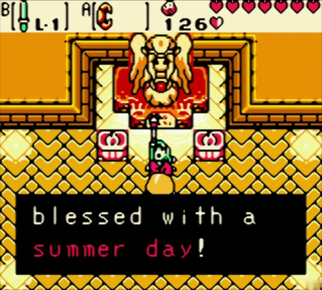 Link raising the Rod of Seasons as it is blessed with a summer day Link raising the Rod of Seasons as it is blessed with a summer day