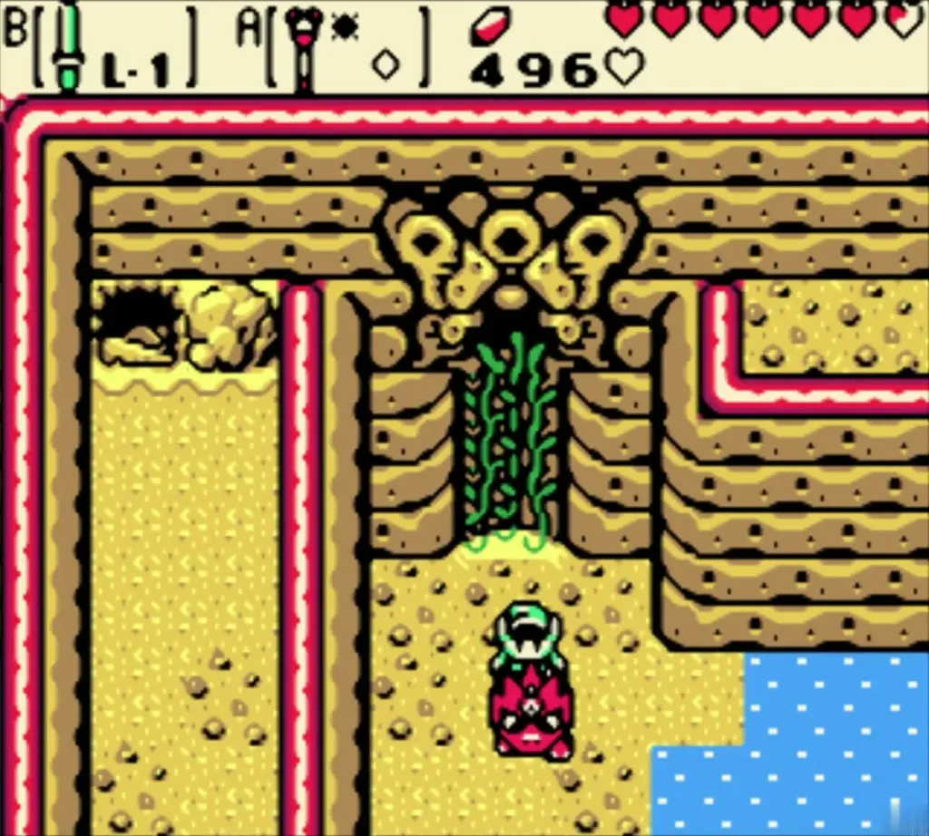 Link on Dimitri below the vine-covered cliff and dungeon entrance Link on Dimitri below the vine-covered cliff and dungeon entrance