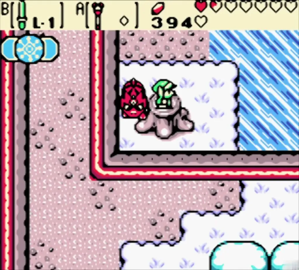 Snow covers the ledge and the water has frozen with Link on the stump Snow covers the ledge and the water has frozen with Link on the stump