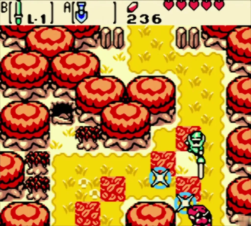 Link in the autumn forest with red trees and leaf piles Link in the autumn forest with red trees and leaf piles